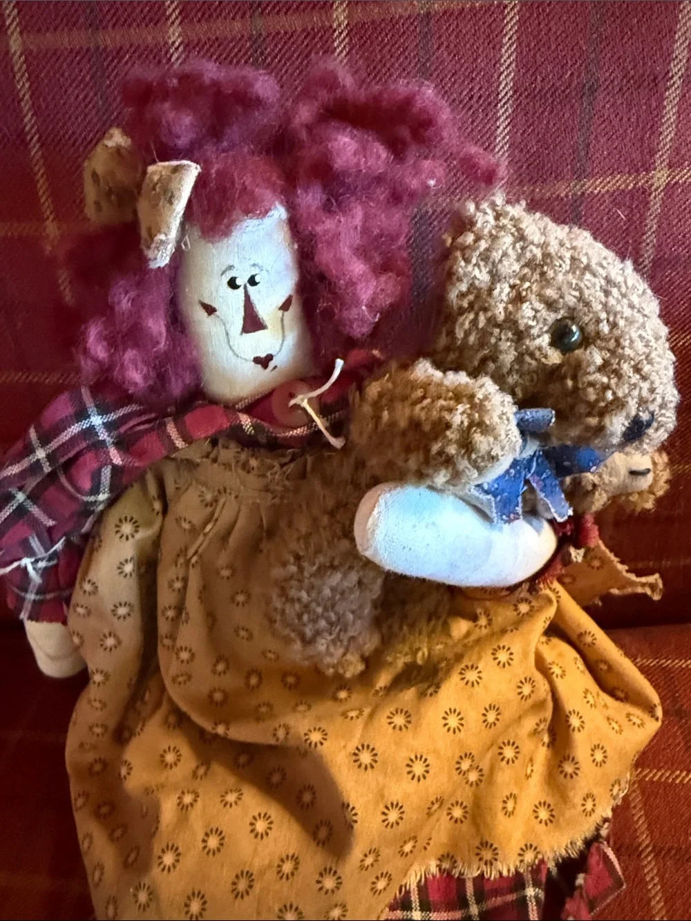 Handcrafted Rag Doll with Bear Accent - Burgundy, Mustard, Blue